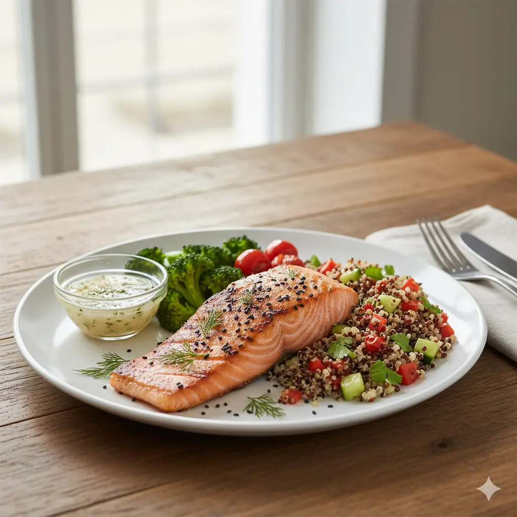 Stress-relief meal with salmon and quinoa