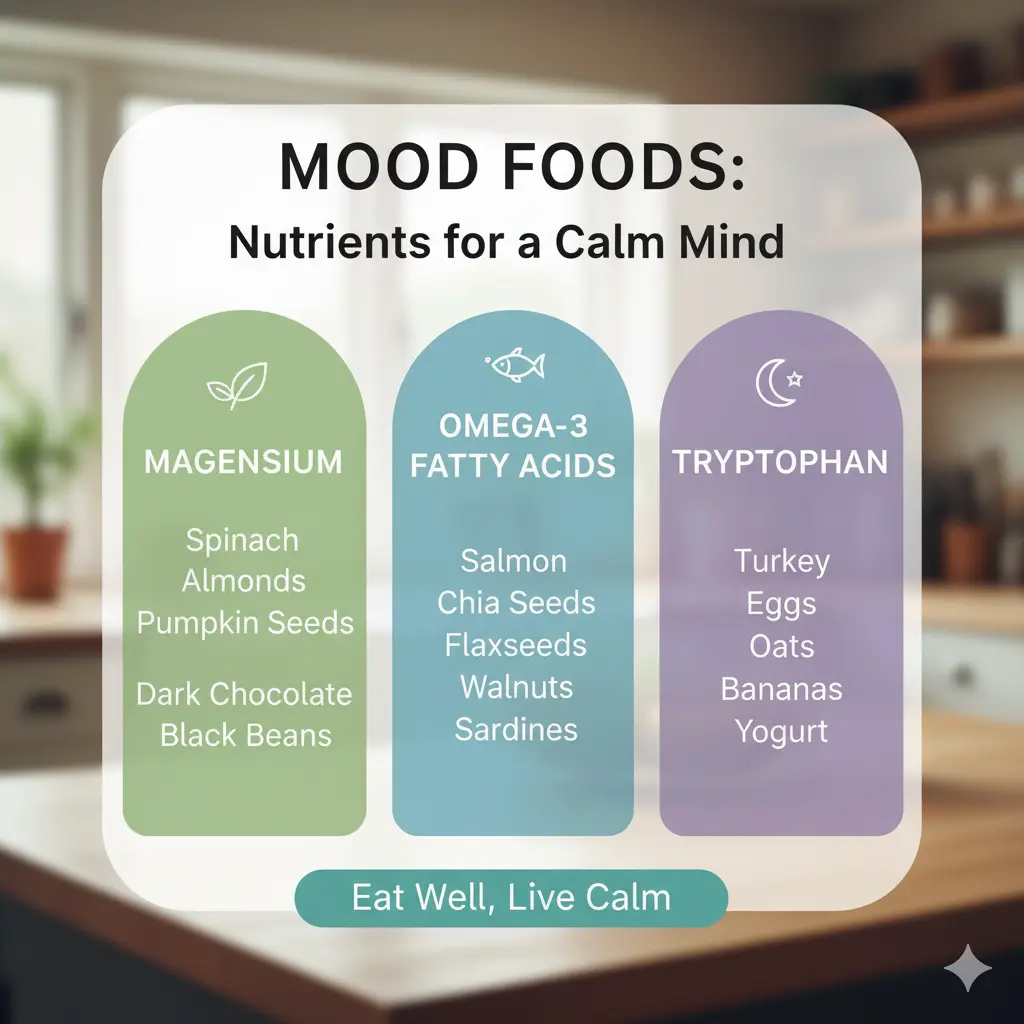 Chart of nutrients (magnesium, omega-3s, tryptophan) and their food