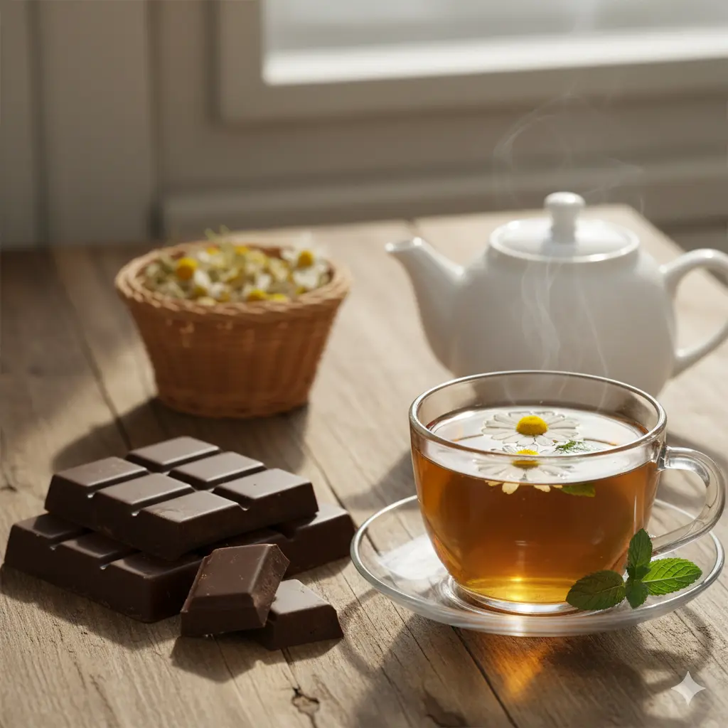 Foods for stress relief with dark chocolate and chamomile tea