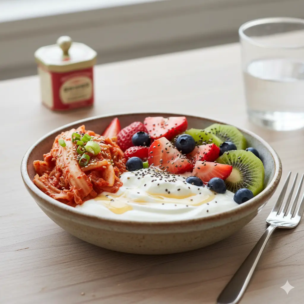 Foods for stress relief with probiotic yogurt and fermented kimchi