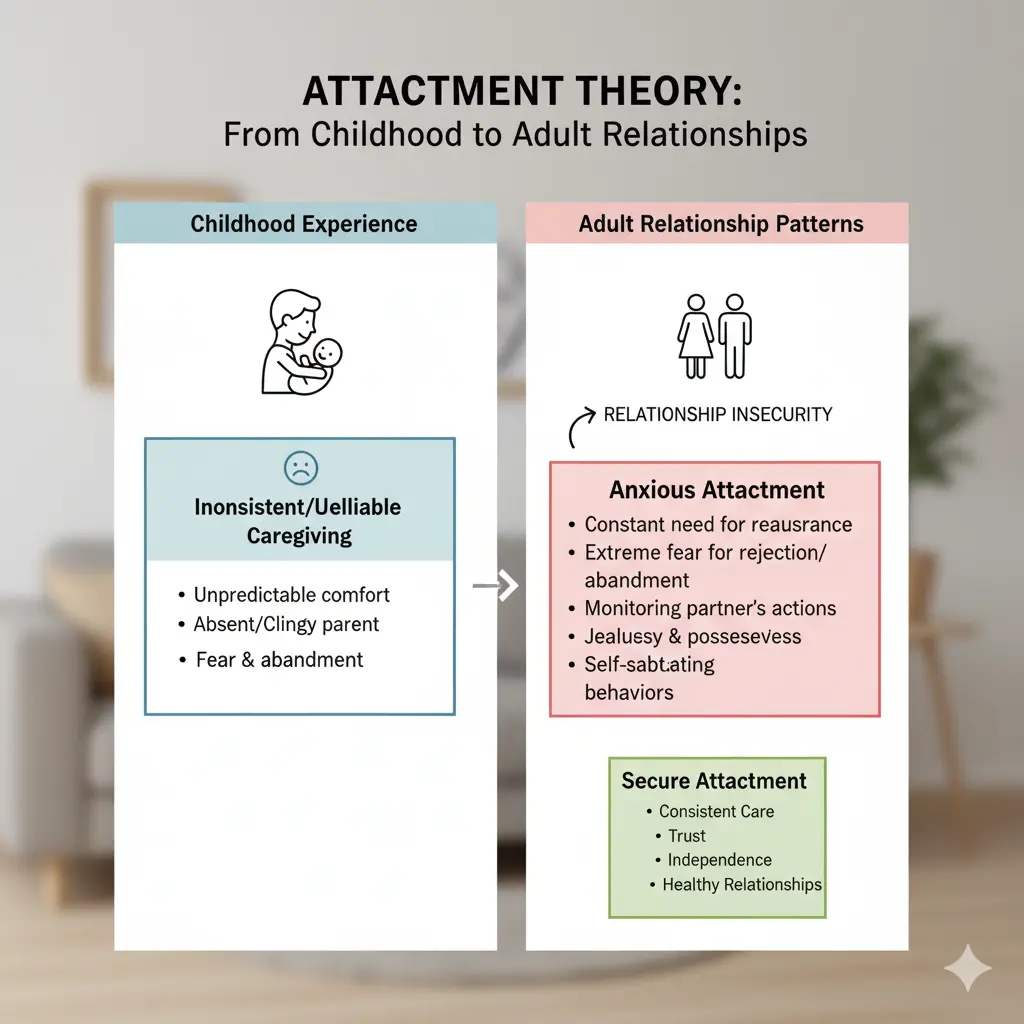 Attachment theory diagram showing how childhood experiences create anxious attachment and relationship insecurity patterns in adult romantic relationships