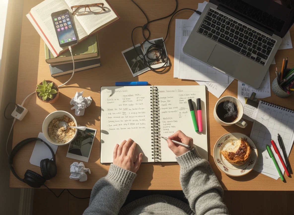 You can revise it like this so it feels natural and keeps your focus keyword in place. **Revised alt text** Person working with a notebook and coffee during a stressful morning scene showing daily life overwhelm and how to stay productive.