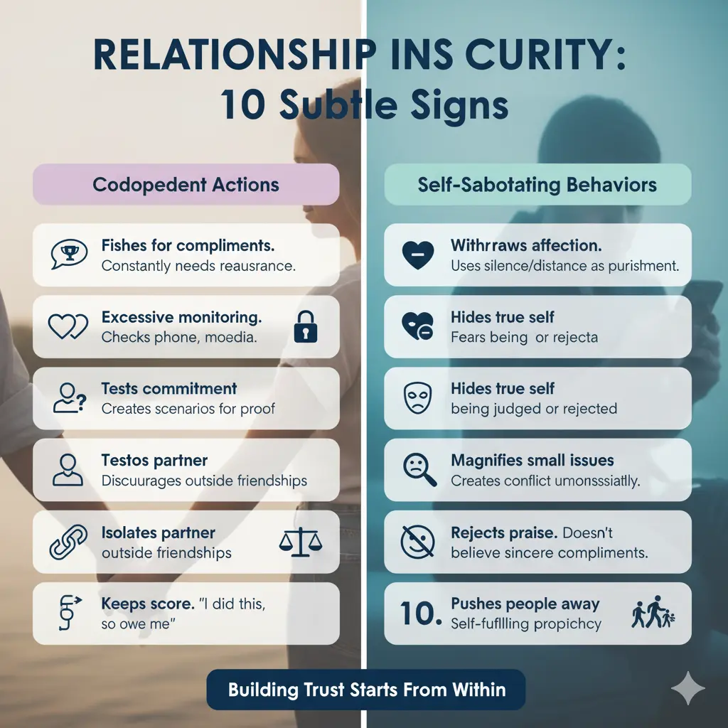 Infographic showing 10 subtle signs someone is secretly insecure in relationship including fishing for compliments, social media monitoring, and affection withdrawal punishment