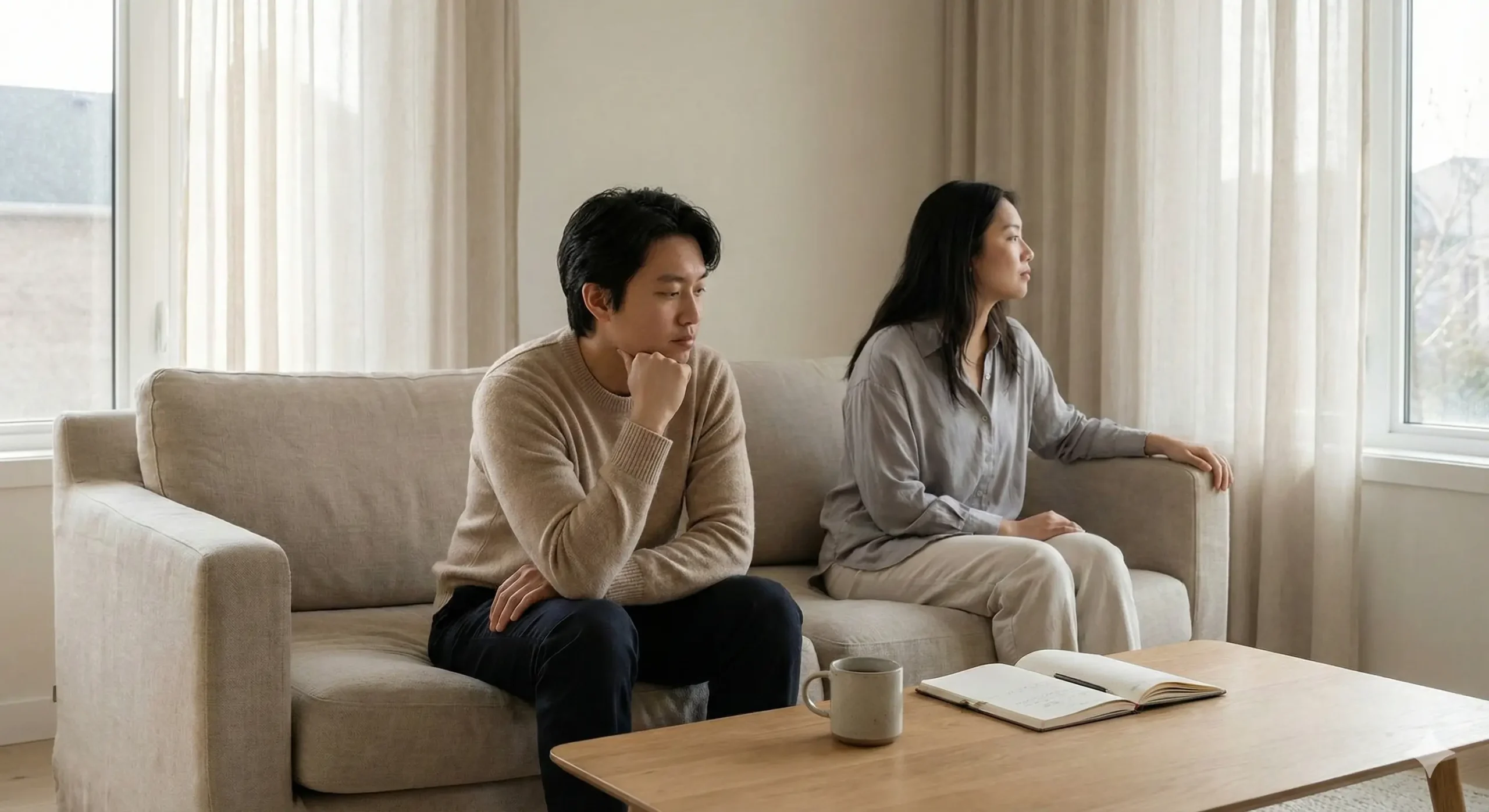 A couple sitting on a couch with noticeable physical and emotional distance between them, illustrating subtle signs of relationship insecurity like withdrawal and lack of connection