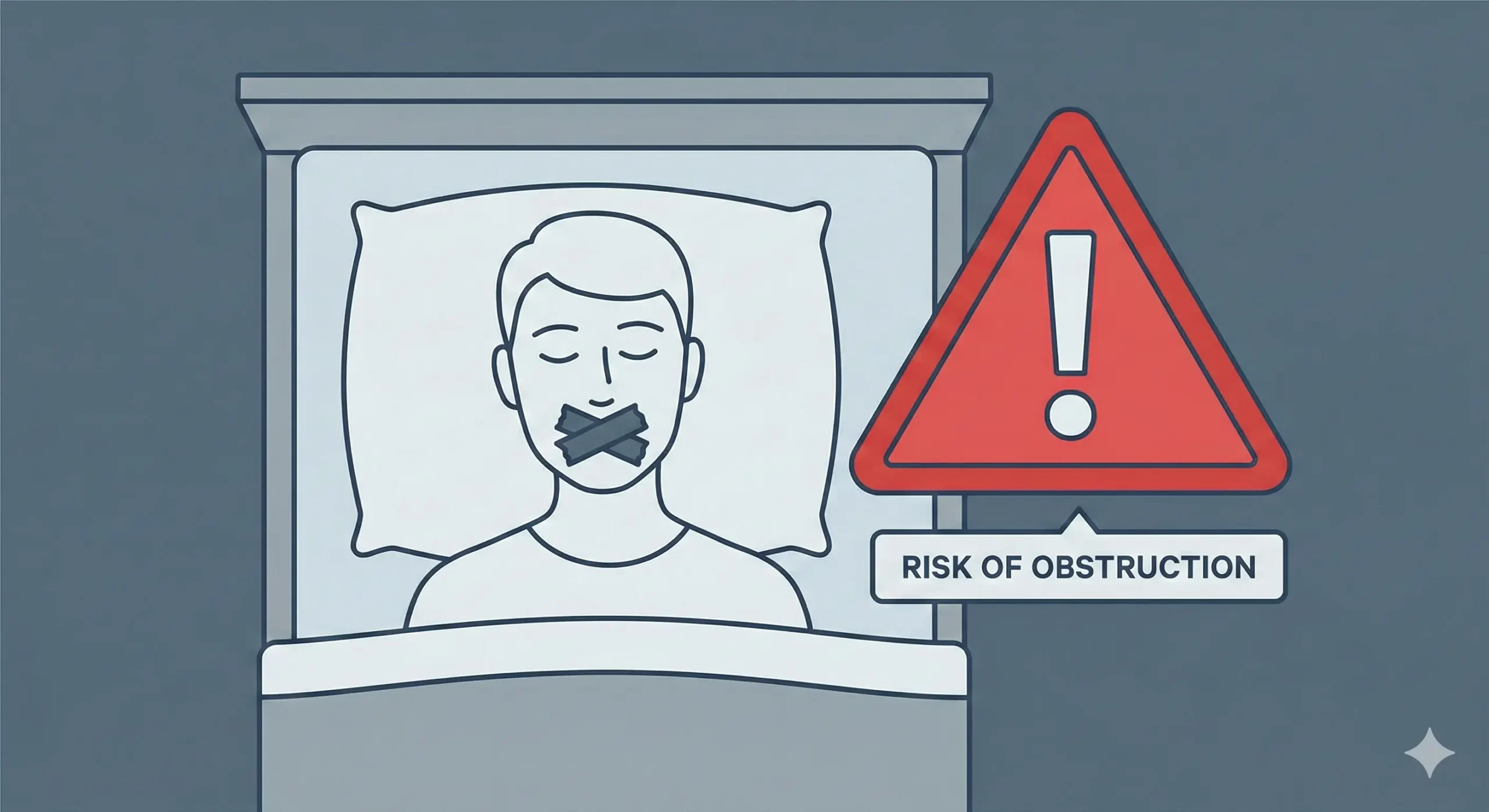 Illustration showing TikTok mouth taping trend with warning signs highlighting breathing and sleep safety risks