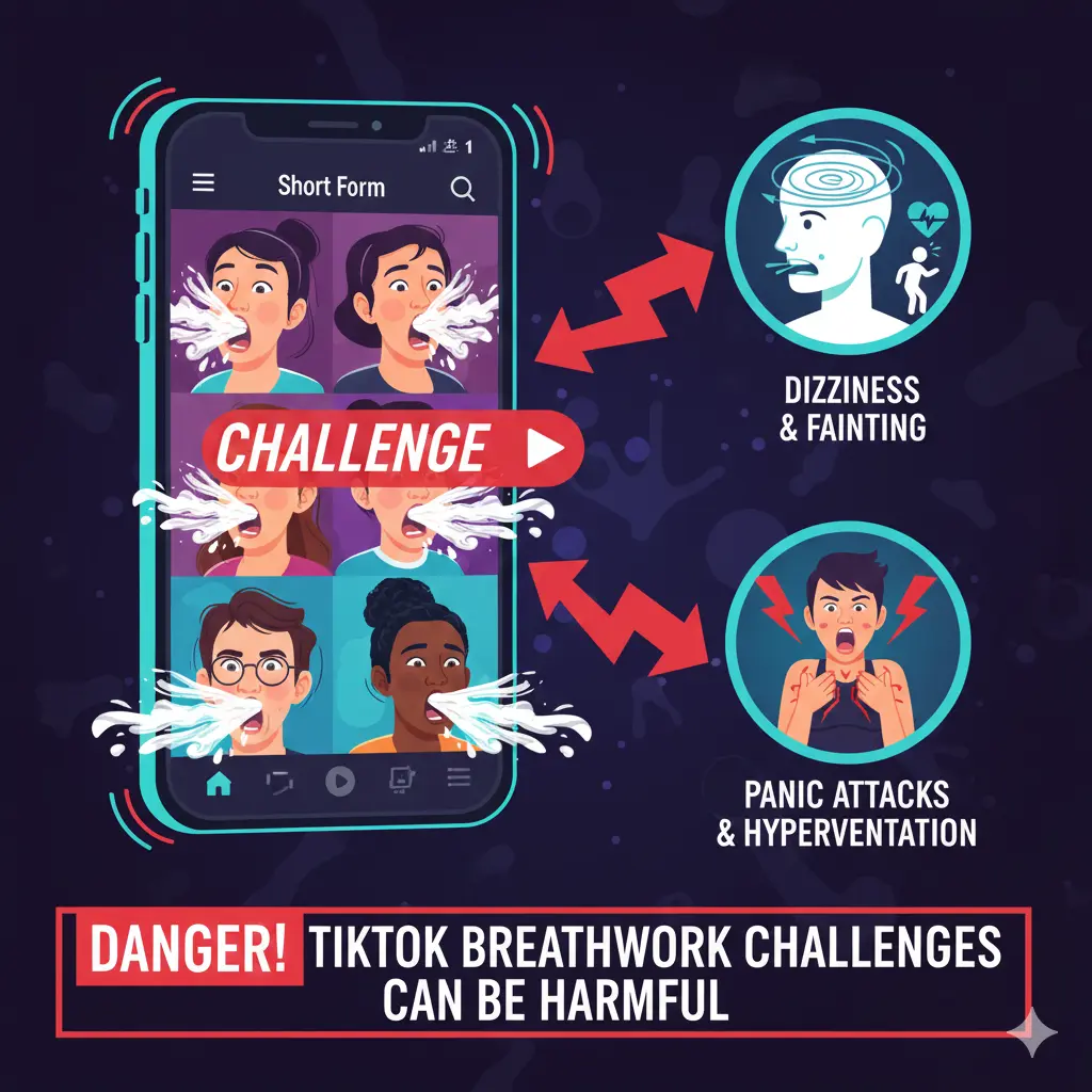 Graphic showing unsafe TikTok breathwork challenges linked to dizziness panic attacks and hyperventilation risks