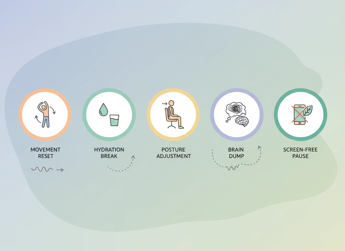 Infographic showing movement hydration posture and brain dump as quick reset rituals for stressed days