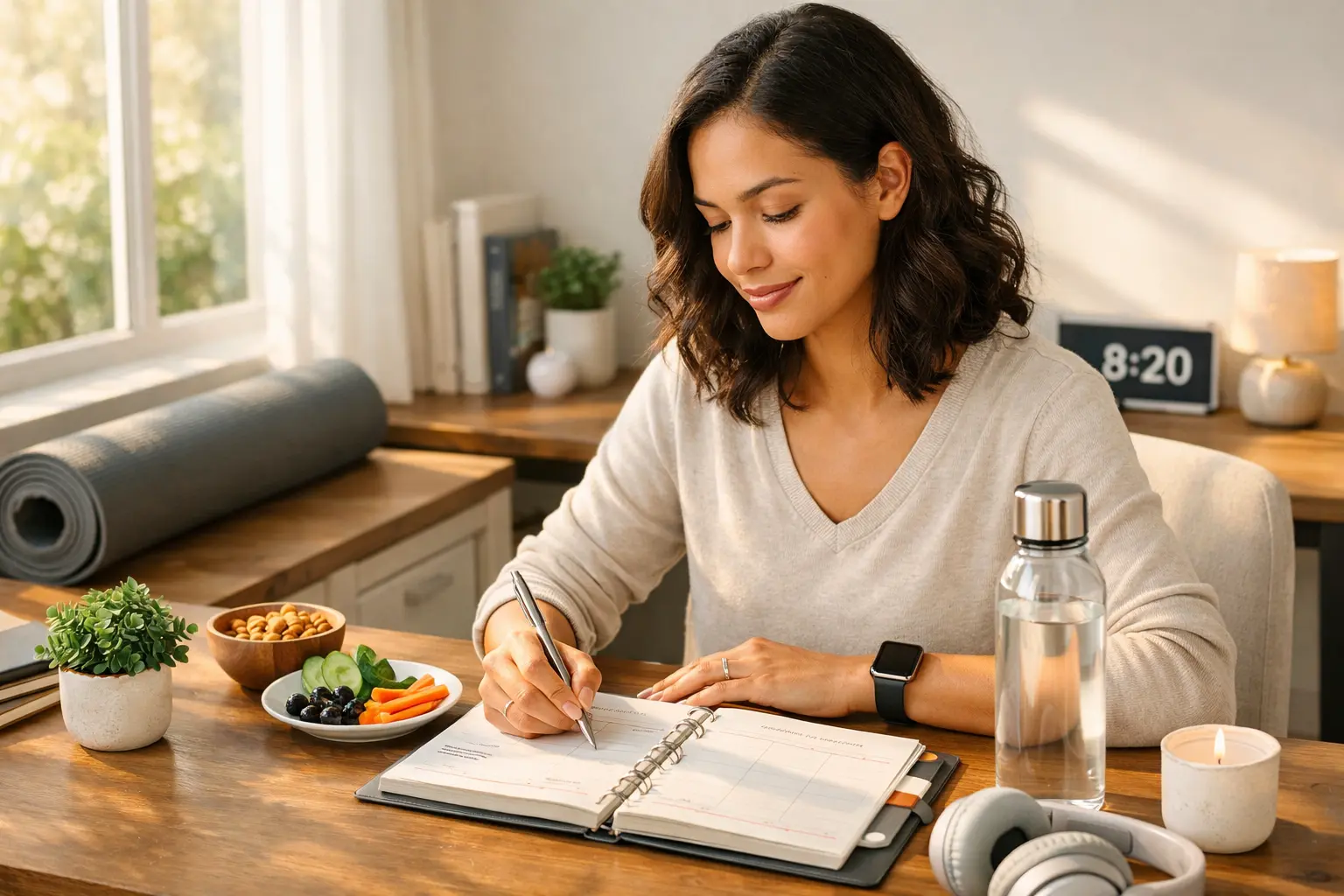 Professional creating 2026 Self-Care Plan for Busy People using wellness planner with practical daily habits and routines