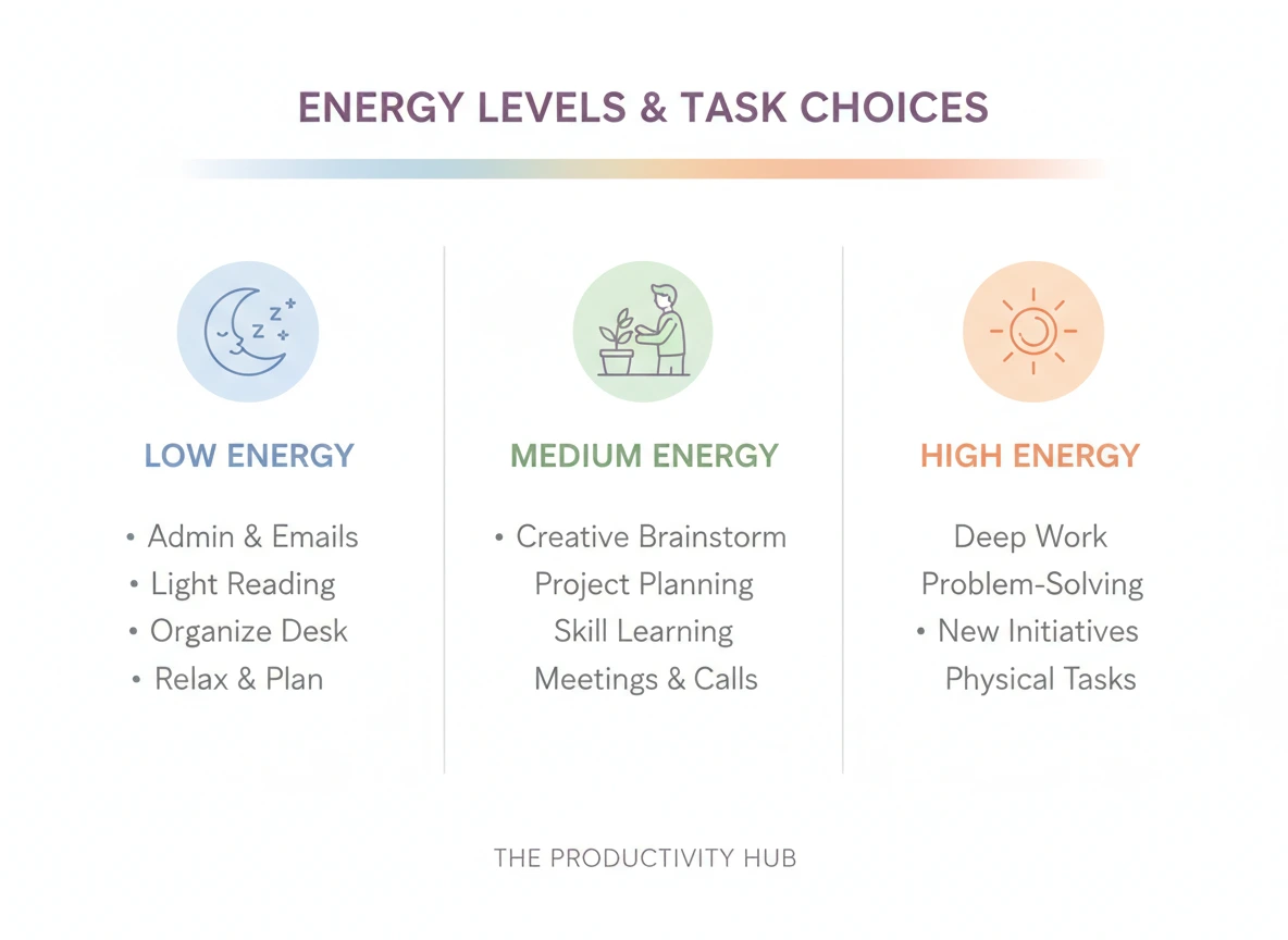 Simple chart showing low medium and high energy levels with matching task types from the 3 energy plan