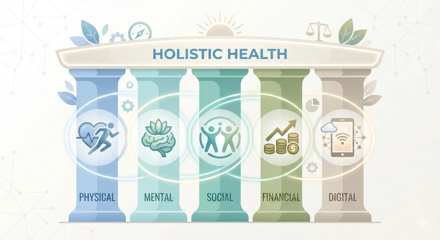 Infographic showing the 5 pillars of wellbeing framework including physical mental social financial and digital health pillars supporting holistic wellness