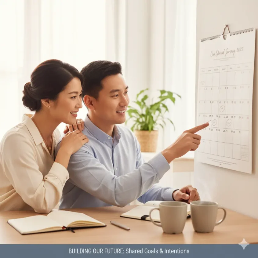 Couple enjoying work-life balance with morning coffee ritual at kitchen table