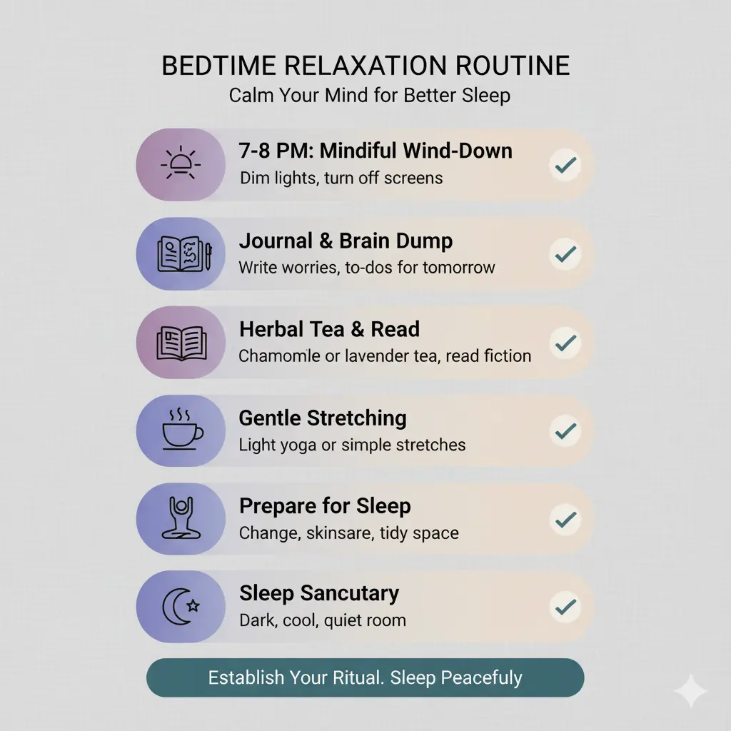 Bedtime relaxation routine checklist for calm mind before bed and better sleep