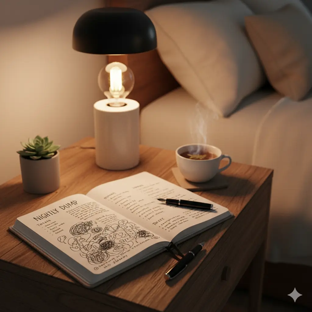Brain dump journal for quiet mind before bed and reduced nighttime anxiety