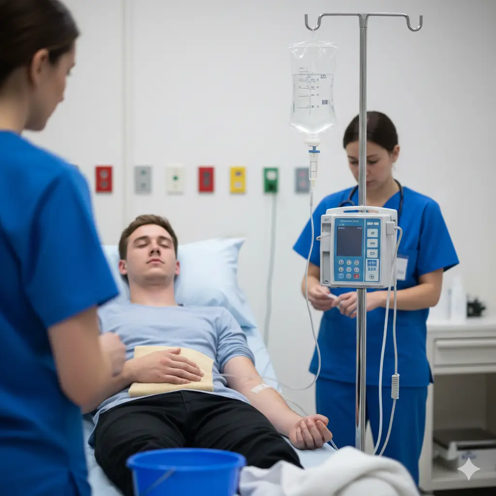 V fluid treatment administered in the ER for a patient suffering from scromiting symptoms and severe dehydration from CHS