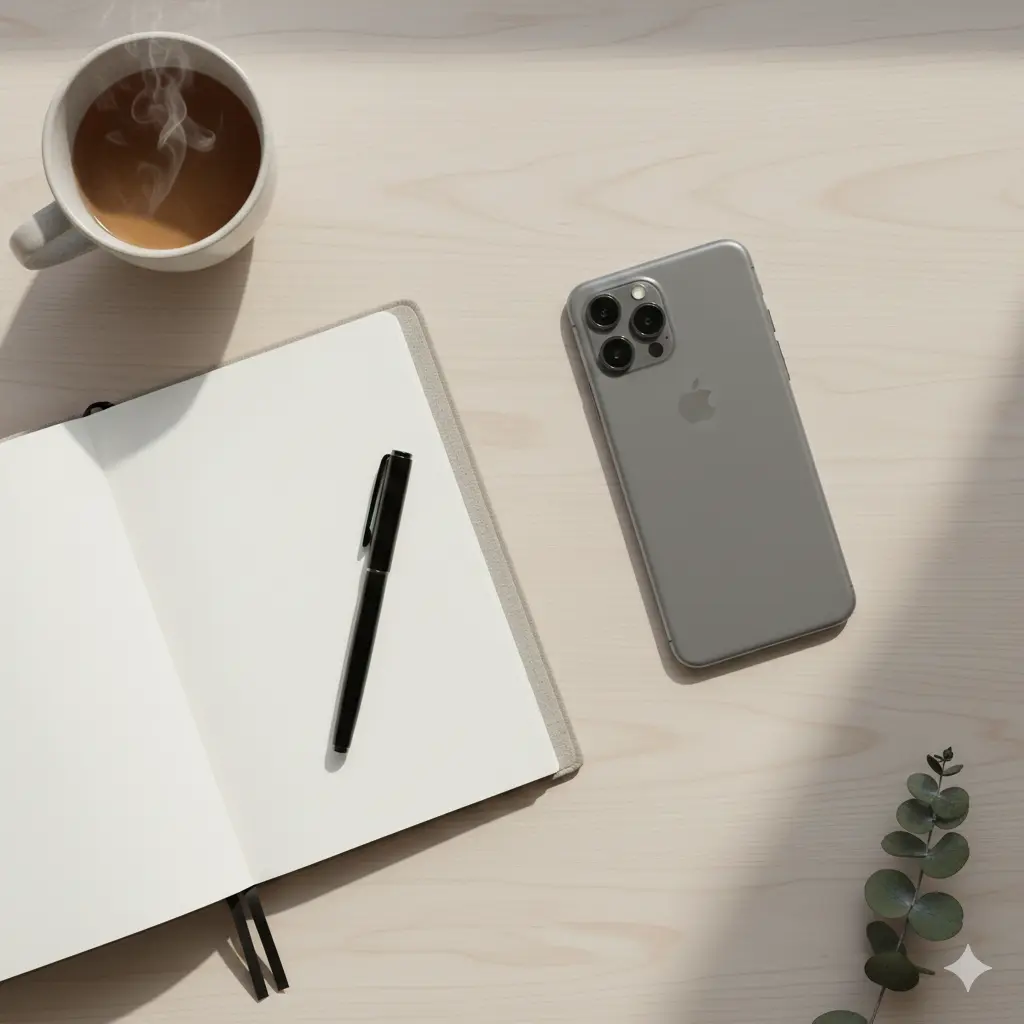 A phone placed face down on a clean desk that represents a digital reset.