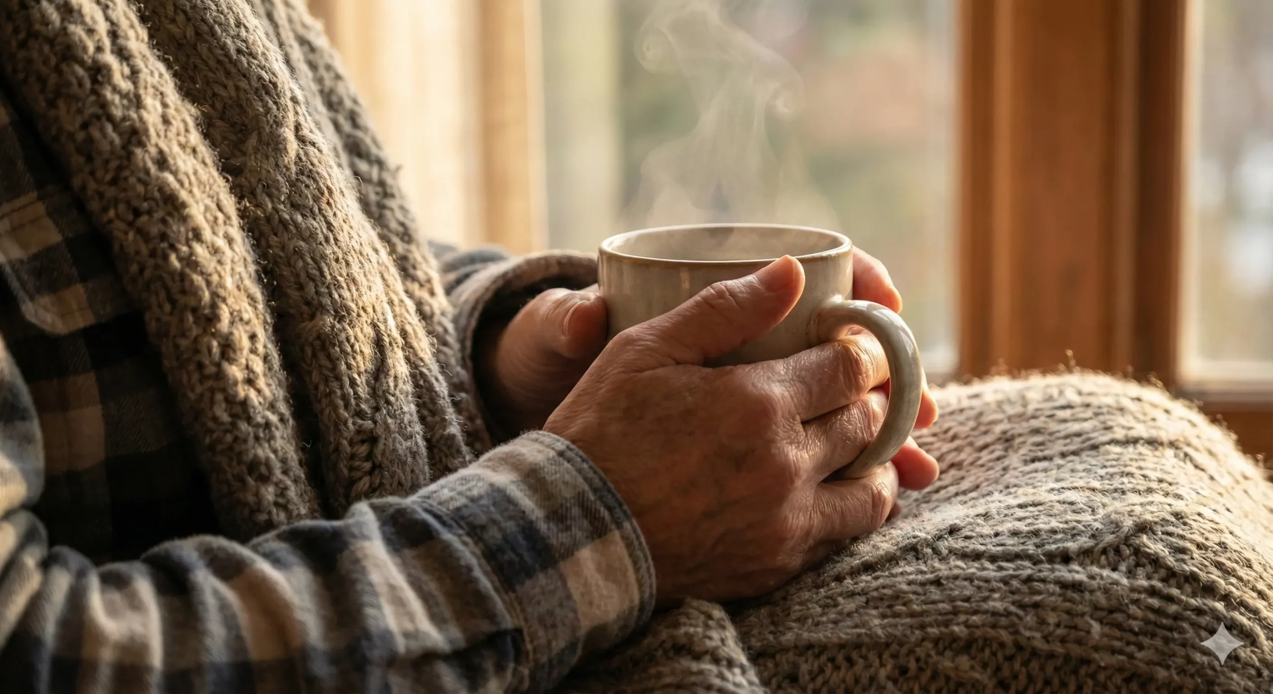 warm hands holding a cup of tea in a comforting moment that represents an emotional reset.