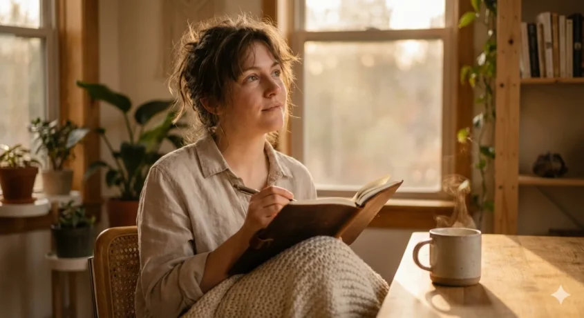 End of year reflection questions written in journal by person practicing self-reflection for better thinking and communication