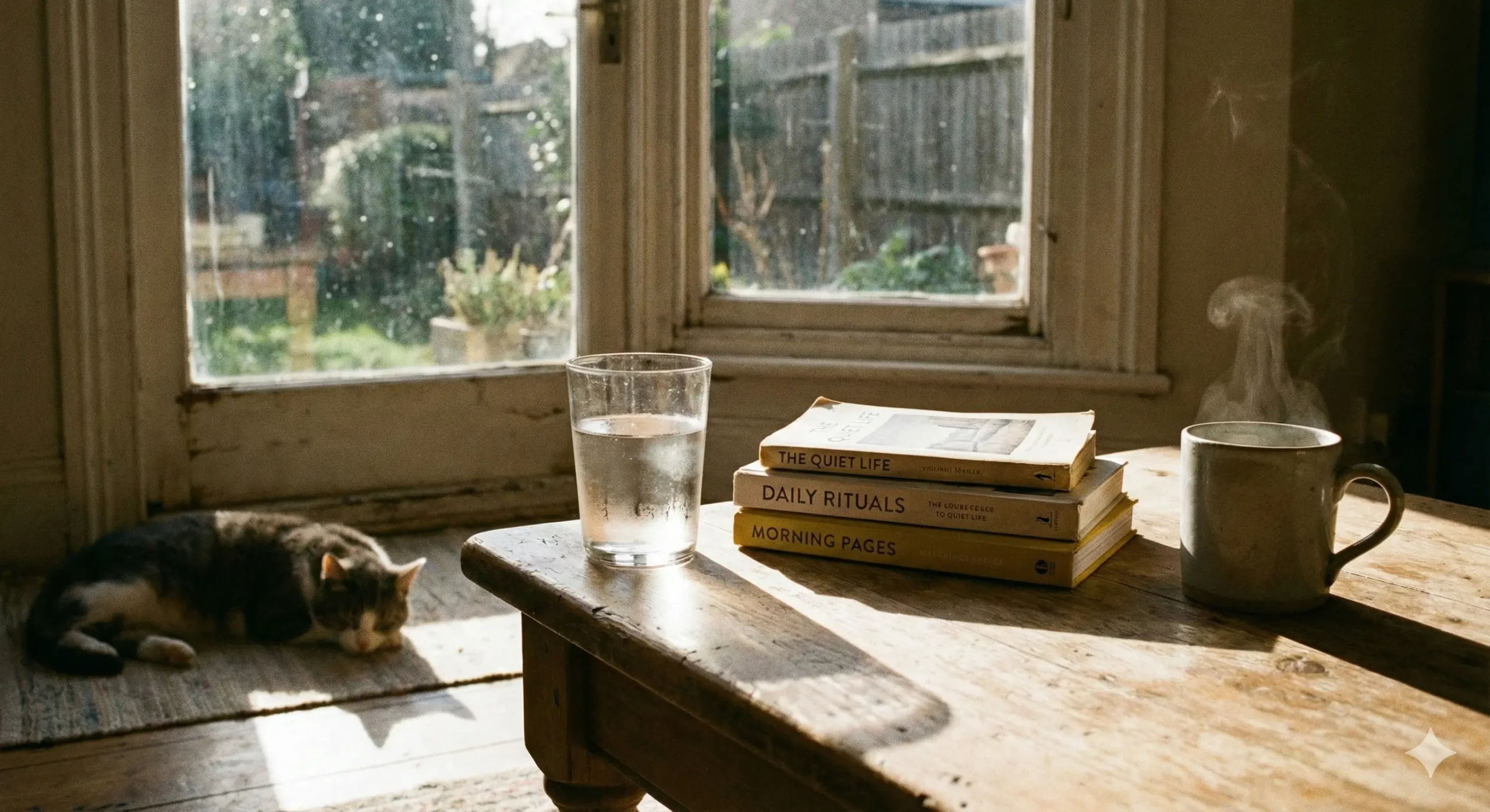 a morning scene with water and books that represent a habit reset.