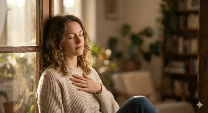 Healing anxious attachment signs shown through woman practicing self-soothing and emotional regulation in peaceful moment