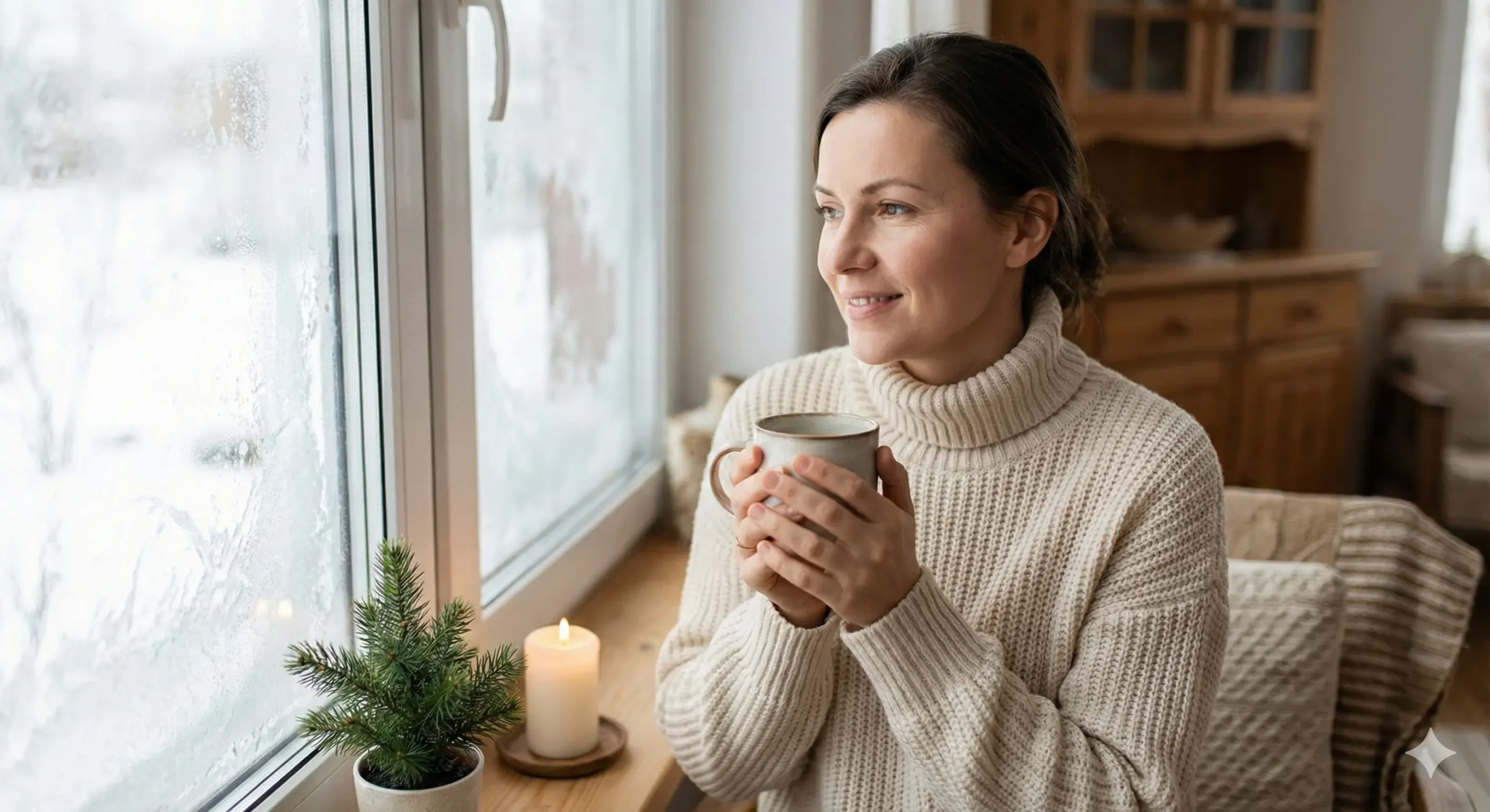 Woman managing holiday stress with calm morning routine and mindful breathing by window