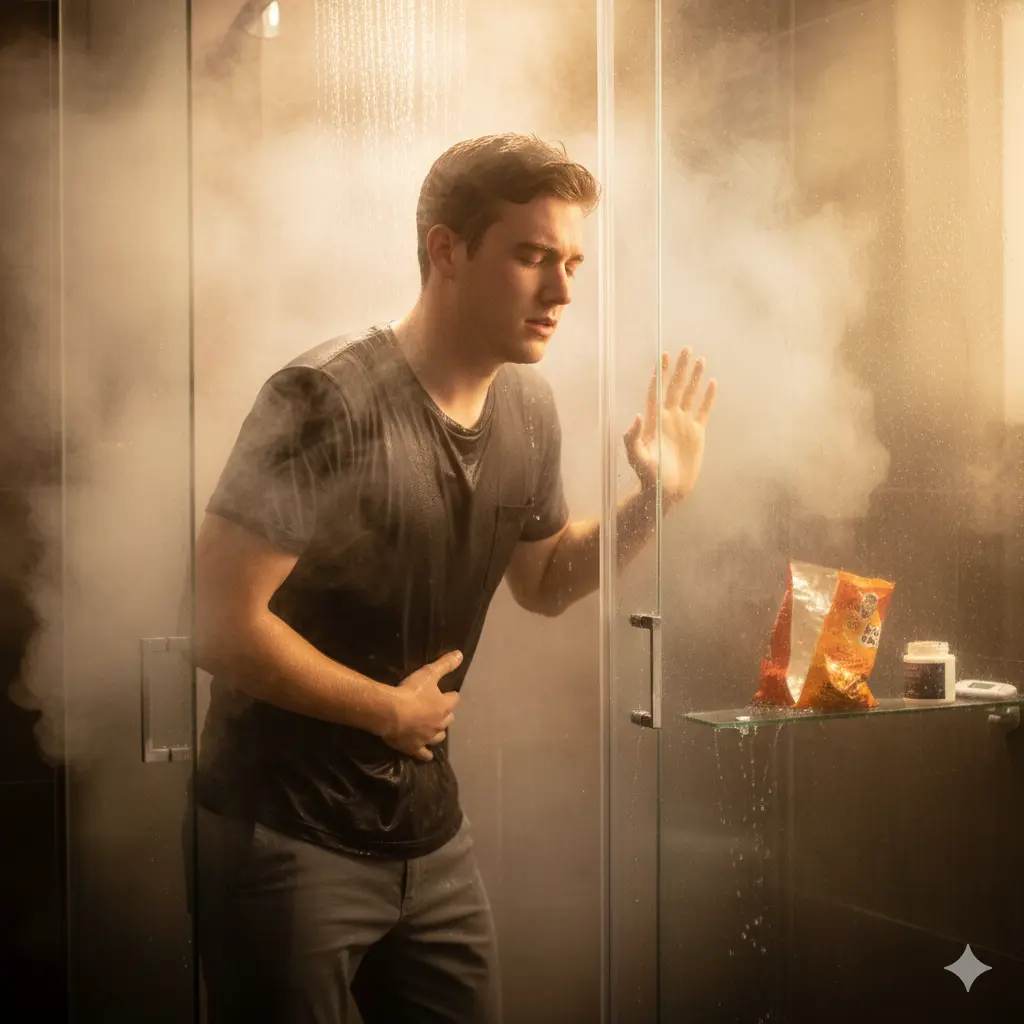 Illustration of a person seeking temporary relief from scromiting symptoms and nausea by taking a hot shower or bath, a key behavior in Cannabinoid Hyperemesis Syndrome (CHS)