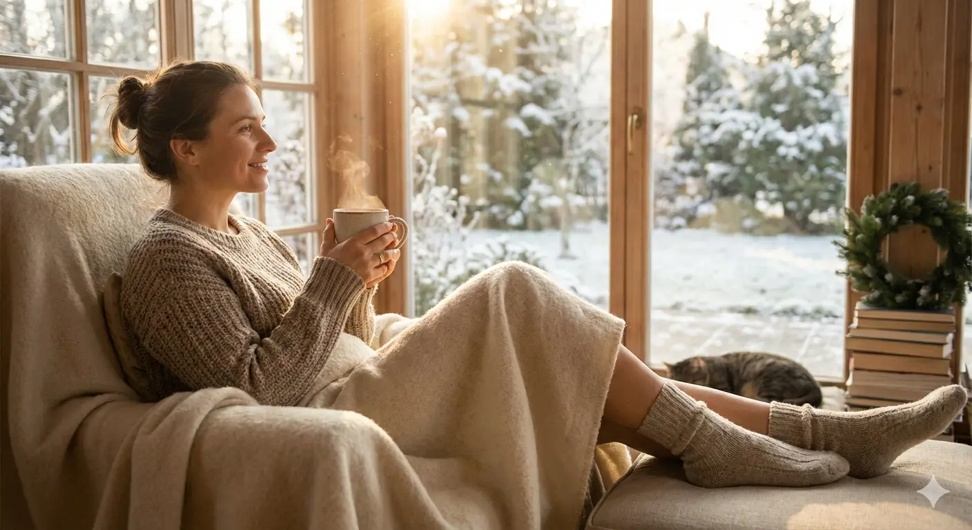 Person enjoying a calm winter morning with sunlight symbolizing overcoming winter depression.