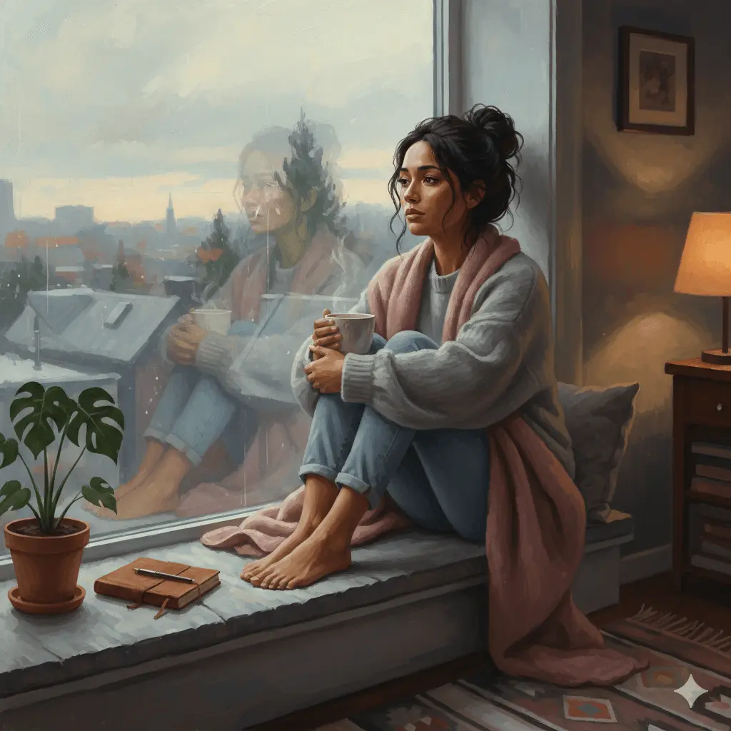 Person sitting alone by window processing heartbreak and learning how to let go of someone they love for emotional healing after breakup