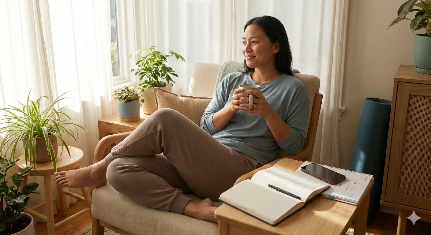 Person practicing intentional living in peaceful morning routine showing how to make 2026 best year without burnout through sustainable habits