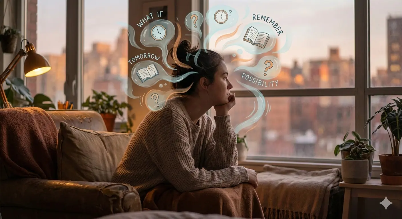 Person deep in thought with swirling thought loops overhead representing rumination and repetitive negative thinking patterns