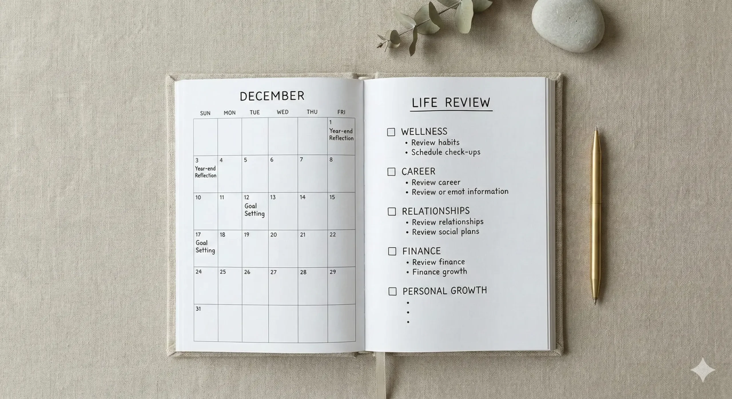 A neat calendar spread that reflects a seven day reset plan.