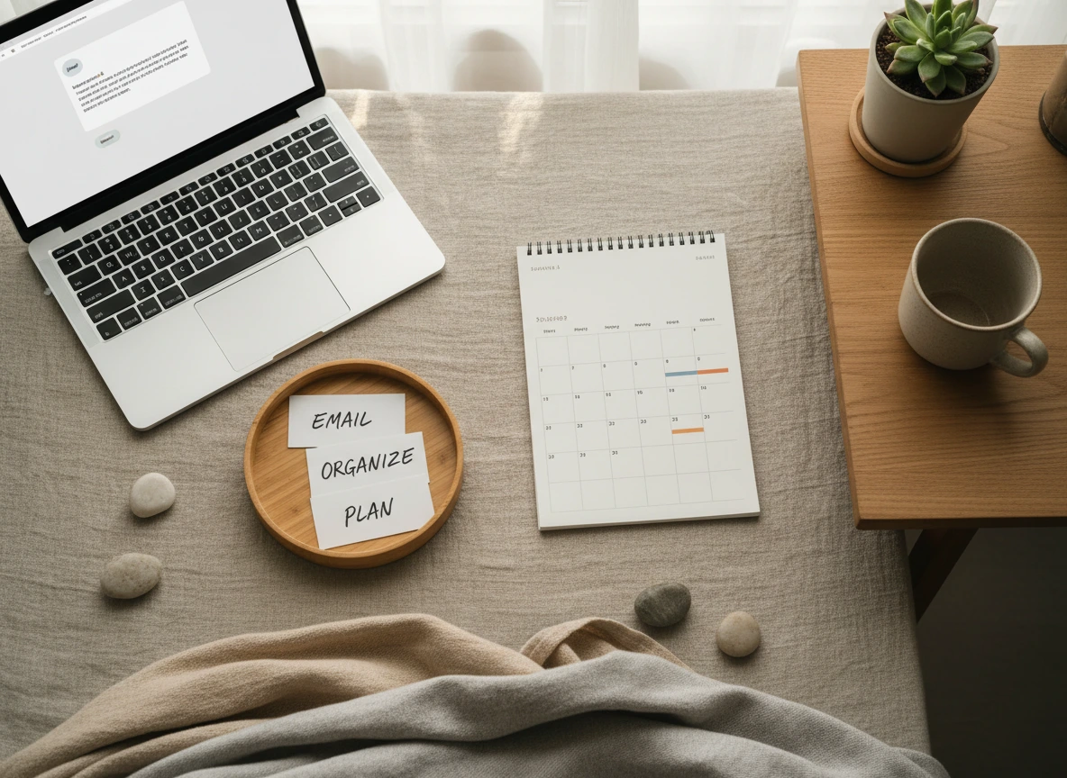 Visual of quick starter tasks like replying to emails tidying a desk and checking tomorrow’s calendar