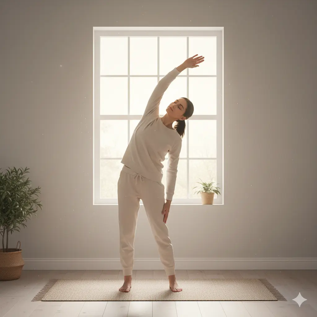 A person stretching near a window in soft light as part of a new daily routine.