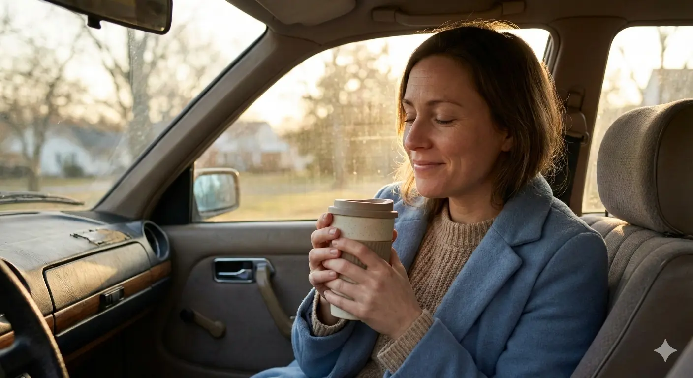 Working mom taking a peaceful moment for self-care in her car with coffee representing practical self-care for working moms
