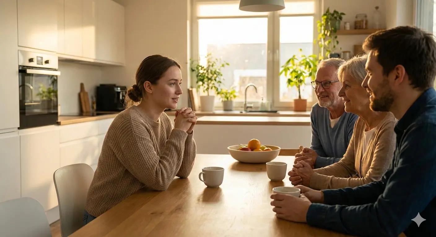 A young woman calmly talking with her family at the kitchen table, expressing boundaries with kindness.
