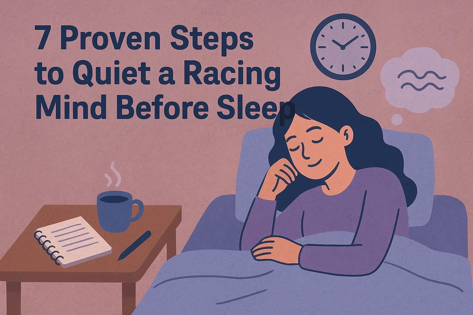 Peaceful bedside scene showing a person in bed with a journal, clock, and breathing icon representing 7 steps to calm racing thoughts at night