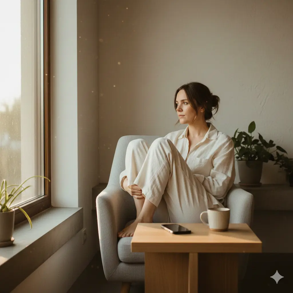 Woman sitting quietly by a window with her phone set aside, representing tiny habits that steal happiness without being noticed