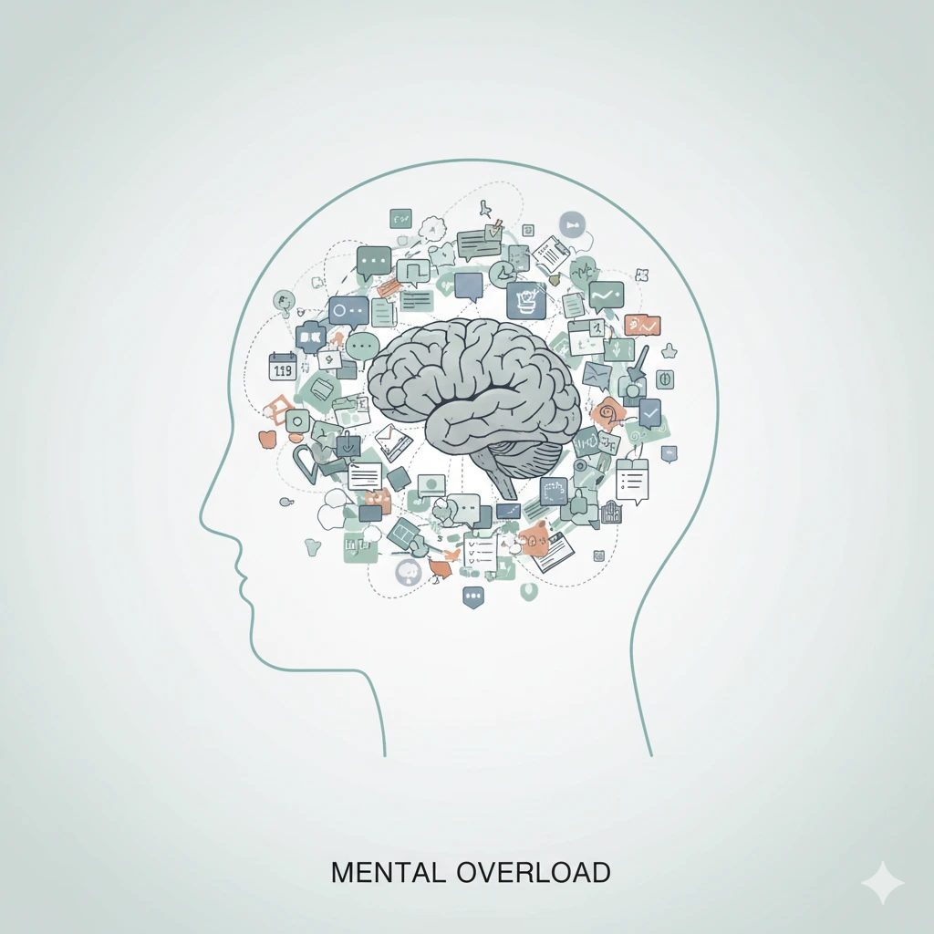 Illustration of a brain surrounded by notifications showing cognitive overload during busy stressful days