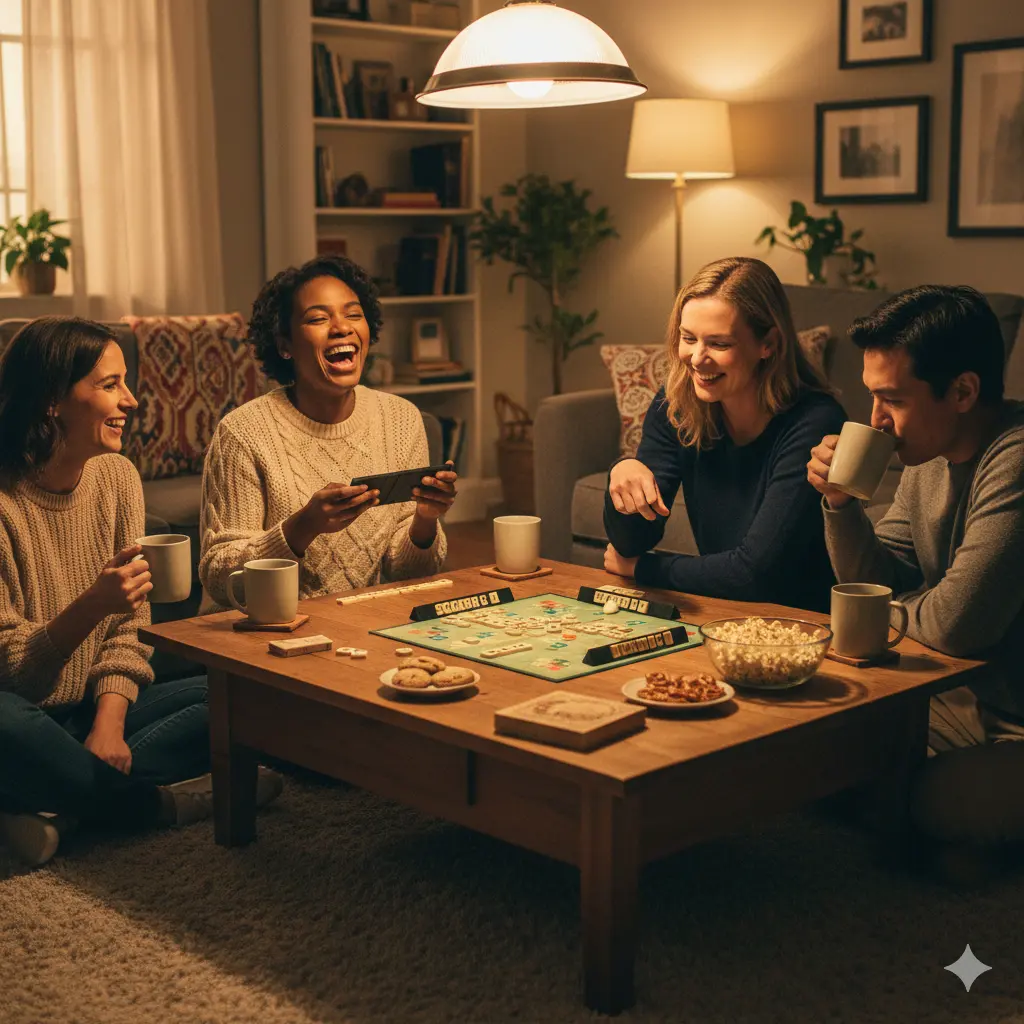 Adults who enjoy board games from childhood building social intuition through nostalgic gameplay together