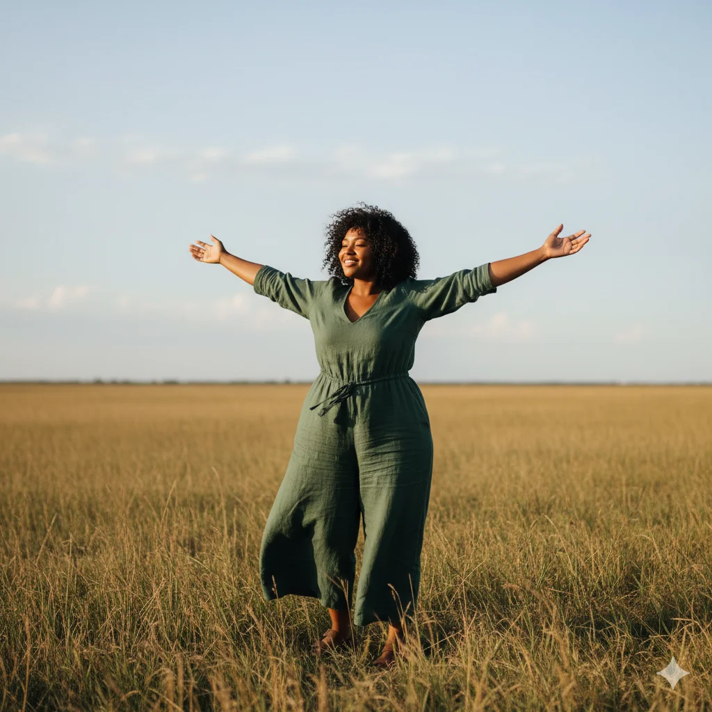 Person showing benefits of body positivity through confident empowered pose and joyful expression