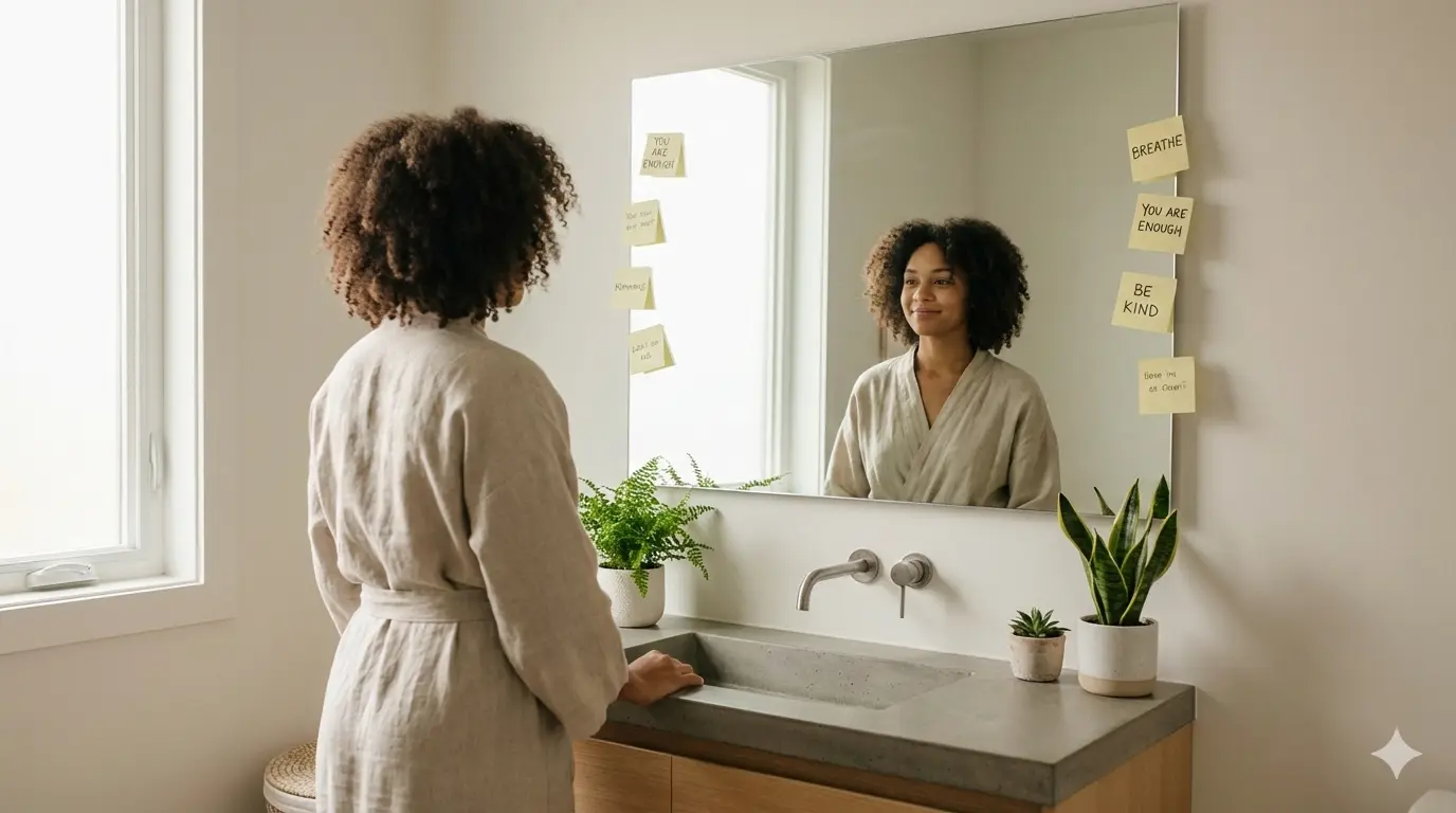Person practicing body positivity affirmations in mirror with sticky notes showing self-love mantras