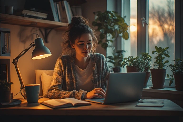 Entrepreneur practicing evening routine of successful entrepreneurs by disconnecting from work at scheduled time in home office