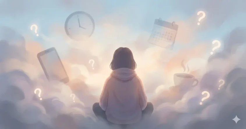 feeling stuck but don't know why - person sitting in mental fog surrounded by daily routine objects on autopilot