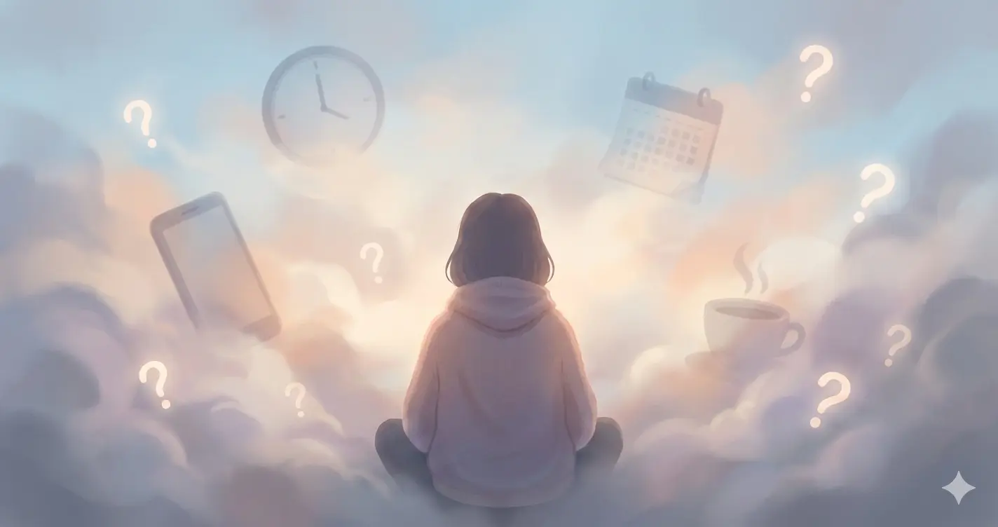 feeling stuck but don't know why - person sitting in mental fog surrounded by daily routine objects on autopilot