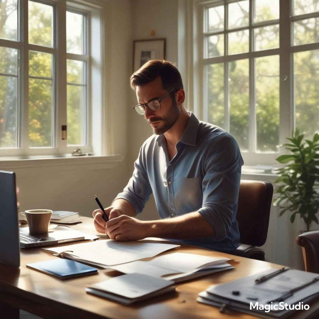 Habits of successful entrepreneurs being represented while reviewing morning routine at home office desk