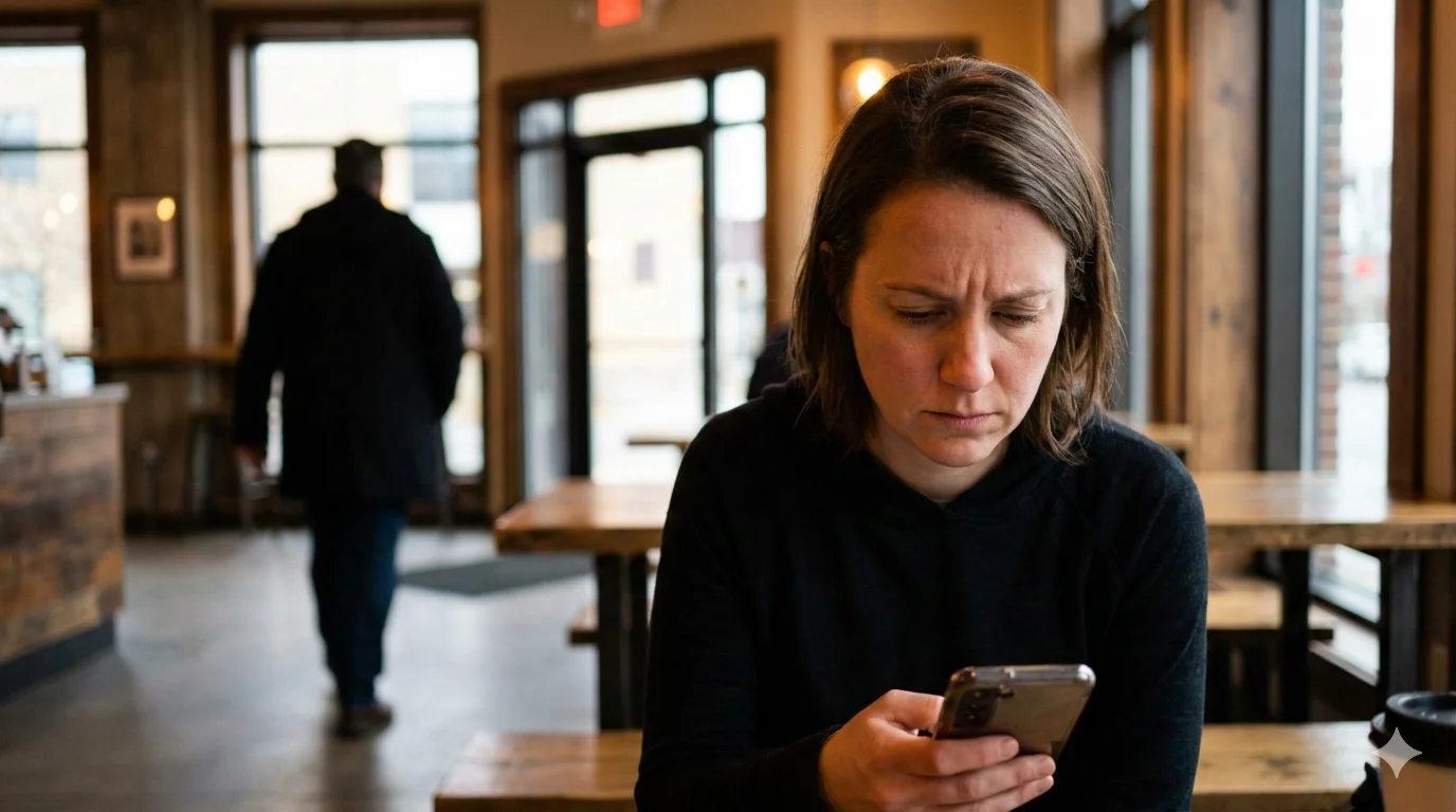 Person reflecting on habits that push people away while sitting alone at cafe