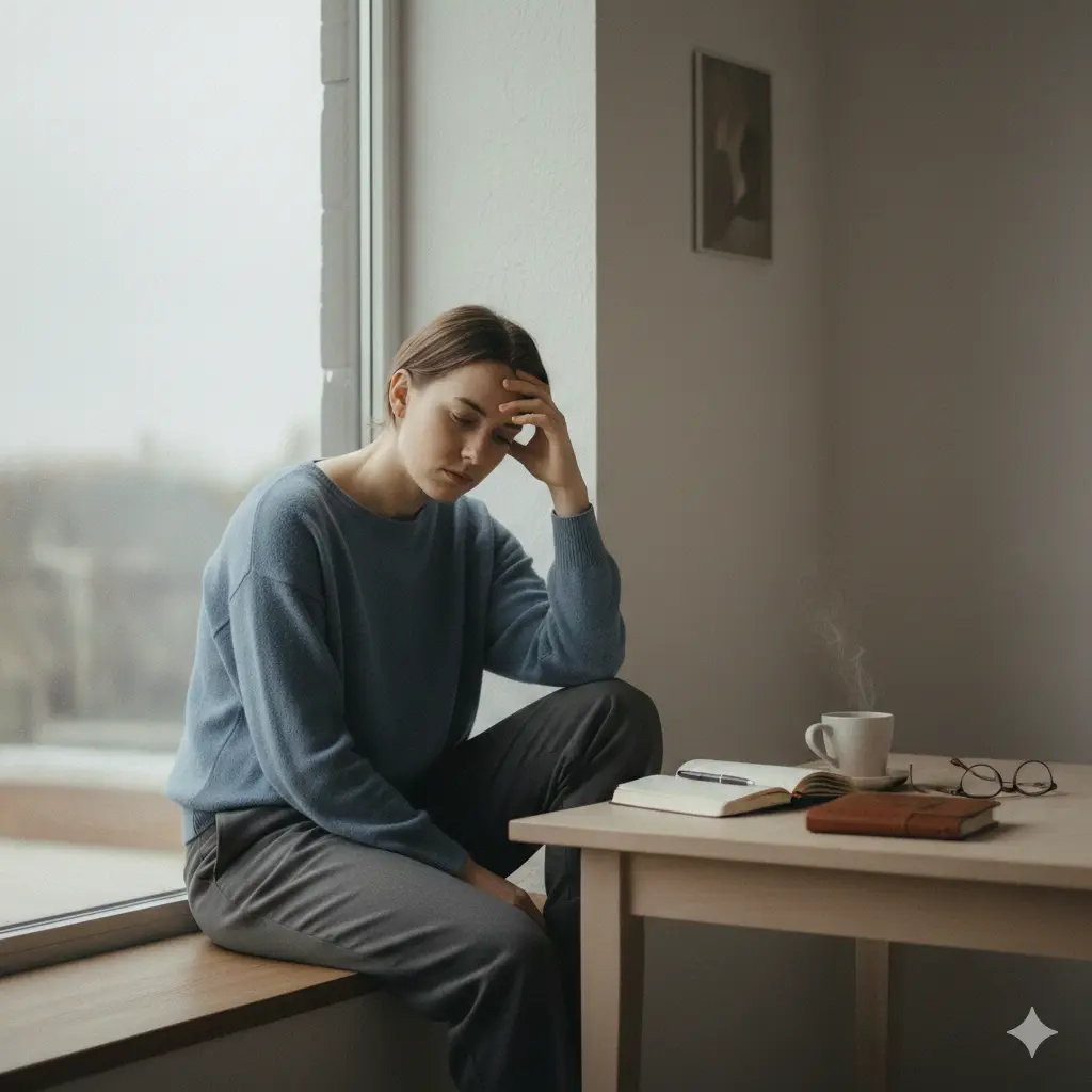 Harsh things your inner voice says during personal growth shown through person in contemplative self-reflection moment