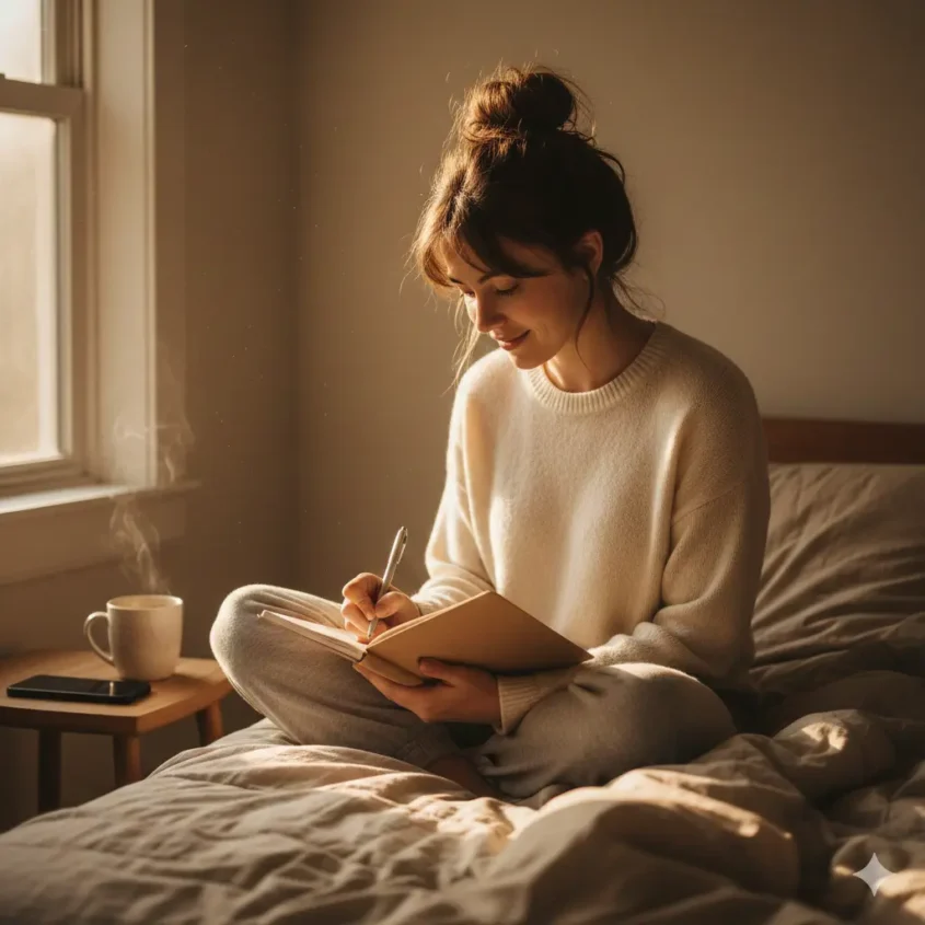 How to stay consistent with self care - woman practicing realistic daily self care routine with journaling in comfortable setting