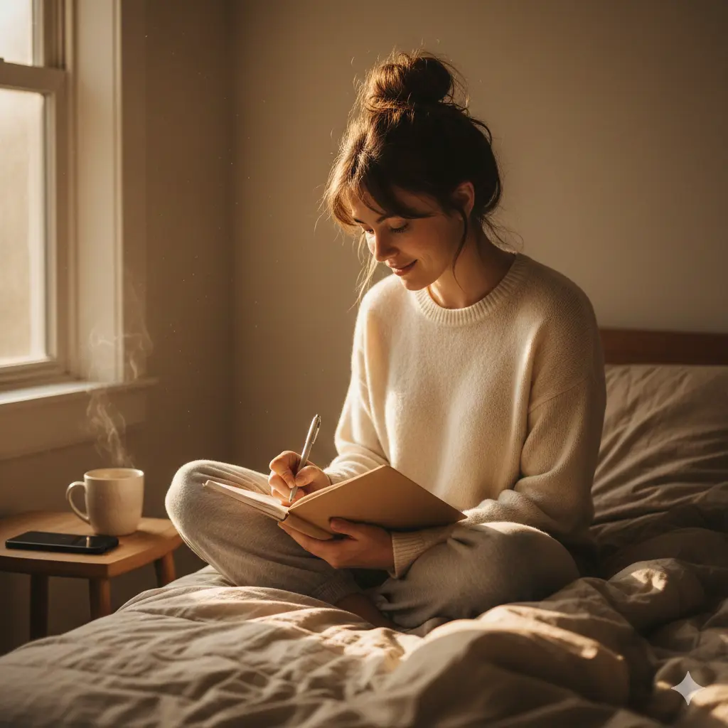 How to stay consistent with self care - woman practicing realistic daily self care routine with journaling in comfortable setting