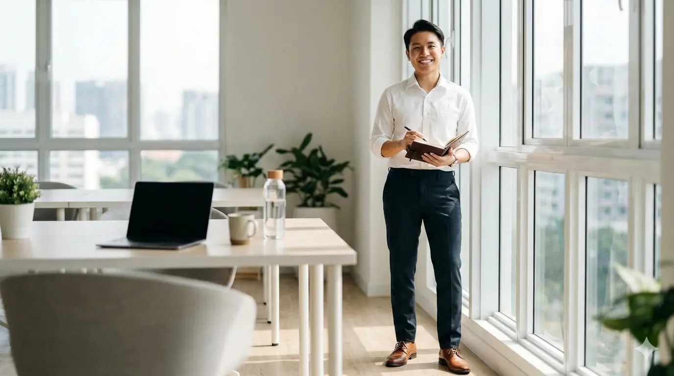 Professional demonstrating low maintenance habits no one teaches you including good posture, clean appearance, and organized workspace