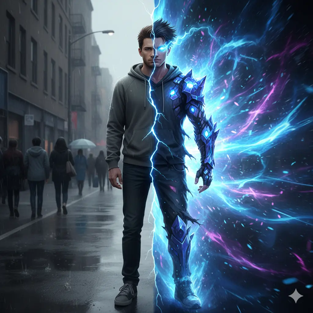 Visual metaphor showing how the main character hides his strength trope works with ordinary appearance masking extraordinary hidden power